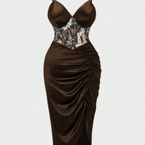 Womens Contrast Lace Ruched Bustier Cami Dress